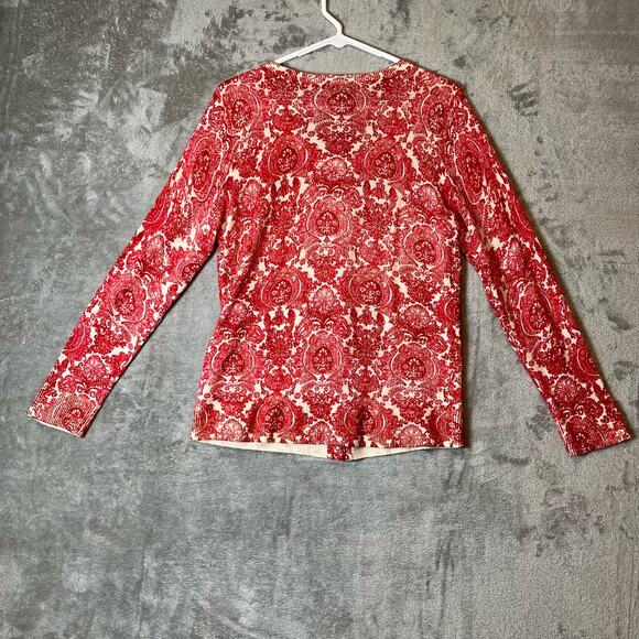 TALBOTS Orange Paisley Pure Merino Wool Cardigan Sweater Size Large Petite LP - Picture 3 of 6
